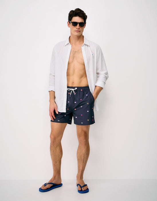 Crew Clothing Mens Embroidered Flag Swim Short In Nautical Blue