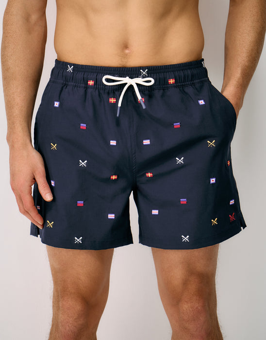 Crew Clothing Mens Embroidered Flag Swim Short In Nautical Blue