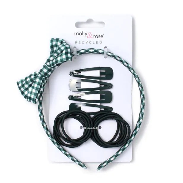 Molly & Rose Bottle Green Sleepies, Elastics And Gingham Aliceband School Set