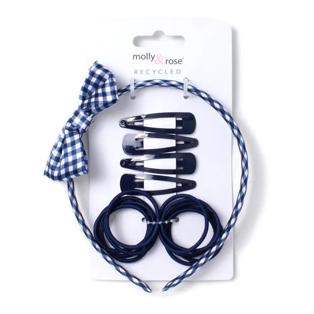 Molly & Rose Navy Sleepies, Elastics And Gingham Aliceband School Set