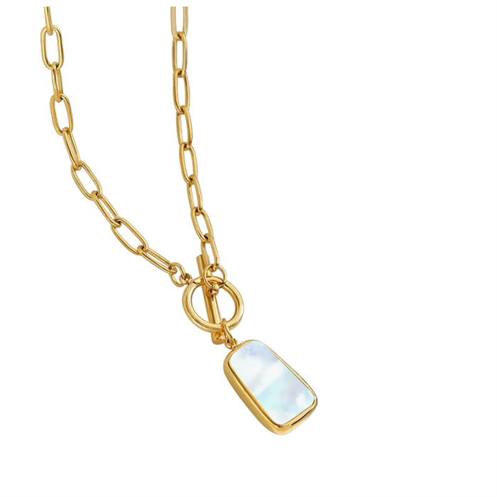 A gold chain necklace featuring a rectangular pendant with a smooth, iridescent white shell or opal-like inlay, set in a gold frame. The pendant hangs from a gold ring clasp on a gold link chain, photographed against a solid white background.