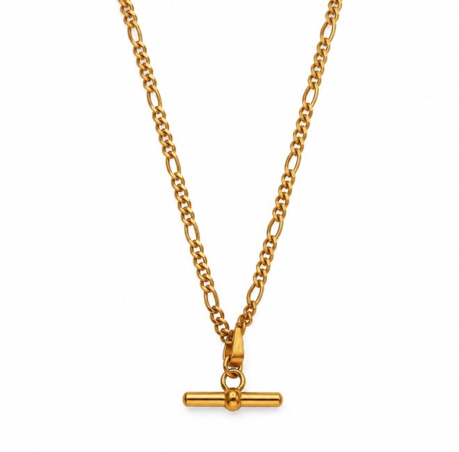 White Leaf Curb Chain T-bar Necklace 18kt Gold Plate