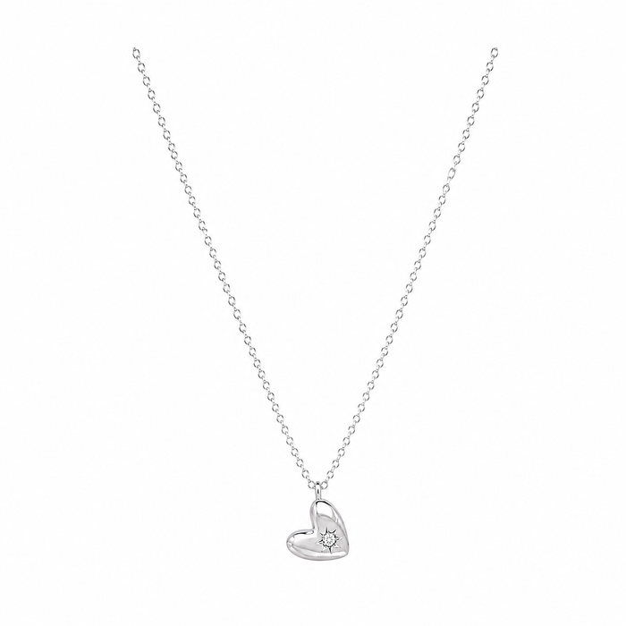 White Leaf Cubic Zirconia Inset Hanging Heart Necklace In Silver