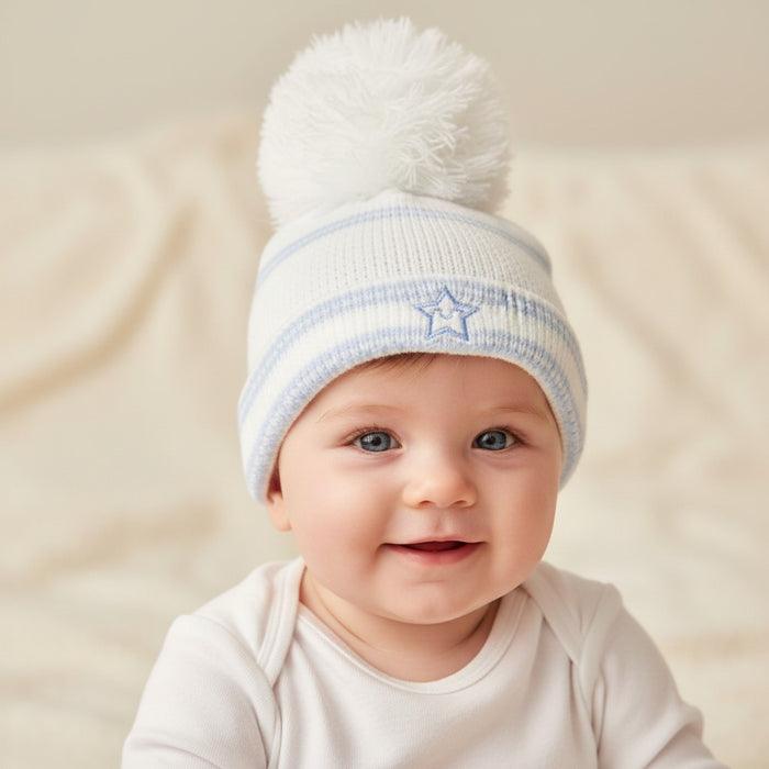 Elizabeth Anne Star Pom Pom Hat in White Sky Blue