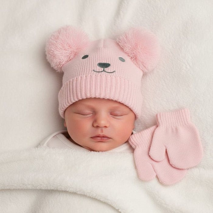 Nursery Time Baby Double Pompom Hat and Mitten Set Baby Pink