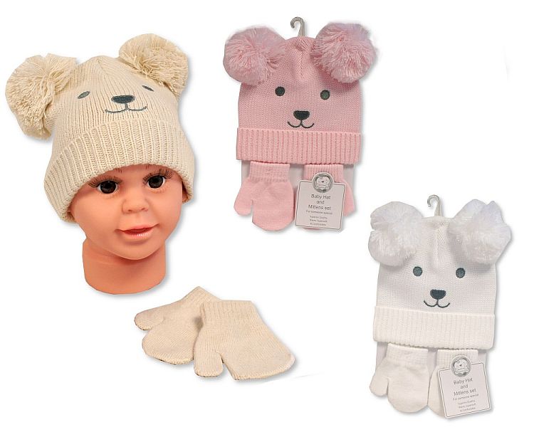 Elizabeth Anne  Baby Double Pompom Hat And Mitten Set Baby Pink