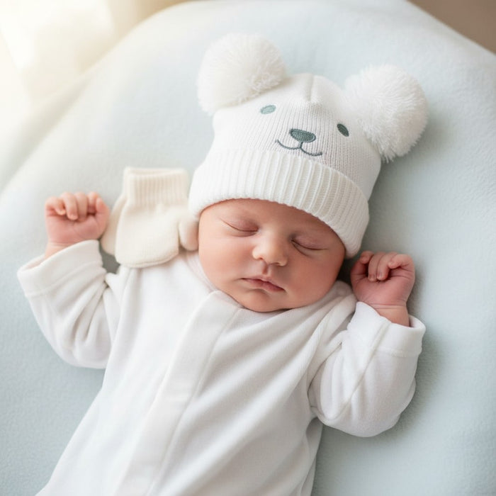 Elizabeth Anne  Baby Double Pompom Hat And Mitten Set Baby White