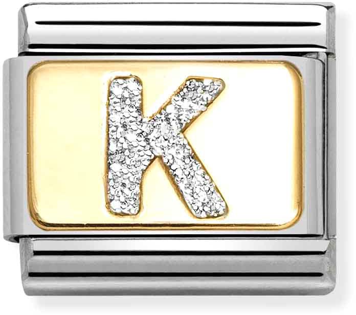 Nomination Classic Gold Silver Glitter Letter K Charm