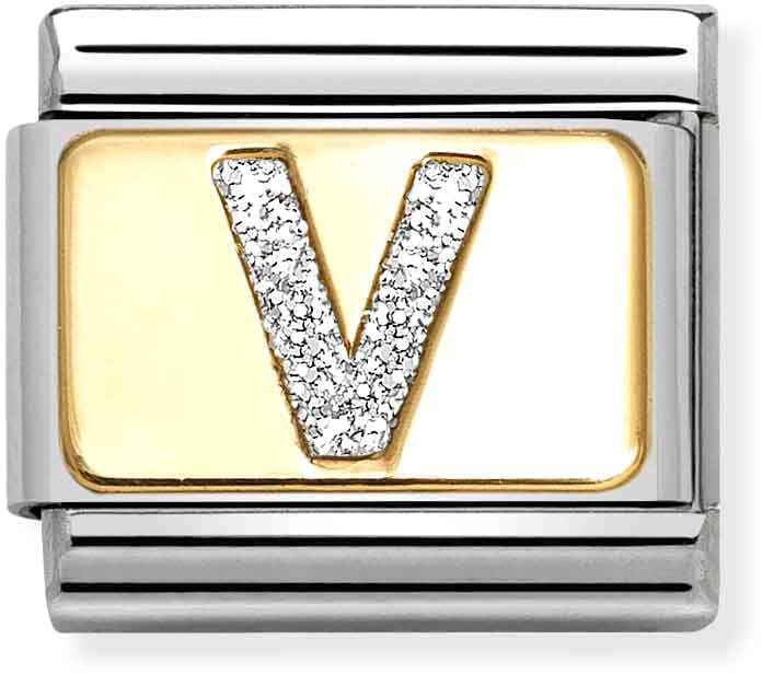 Nomination Classic Gold Silver Glitter Letter V Charm