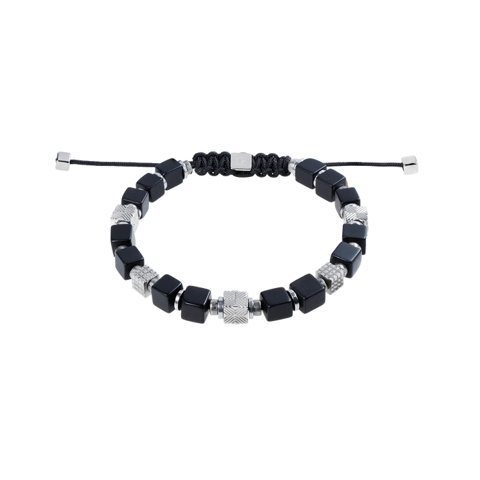 Coeur De Lion Onyx Cubes Bracelet with Graphic Relief Stainless Steel Cubes and Adjustable Textile Closure Black