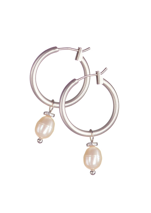 Hot Tomato Pearl Drop Captured On Hoop Matte Silver Earrings