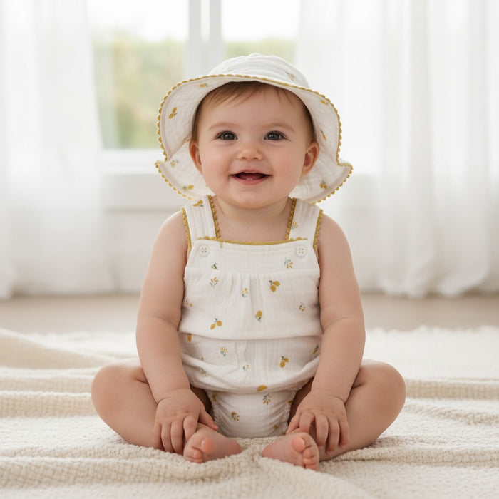 Elizabeth Anne Muslin "Lemons" Romper And Hat