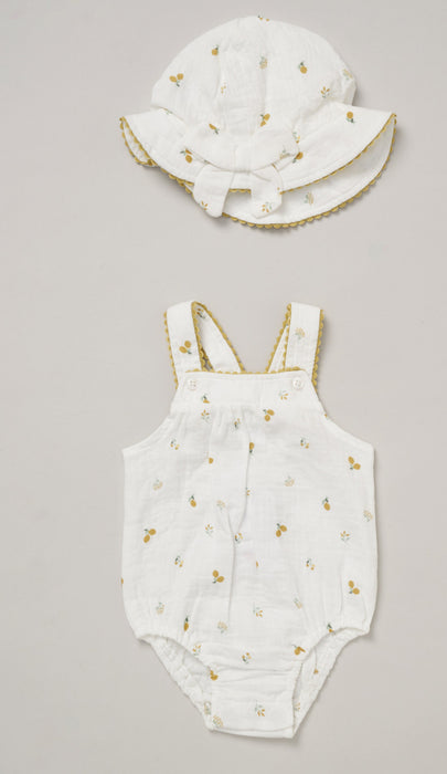 Elizabeth Anne Muslin "Lemons" Romper And Hat