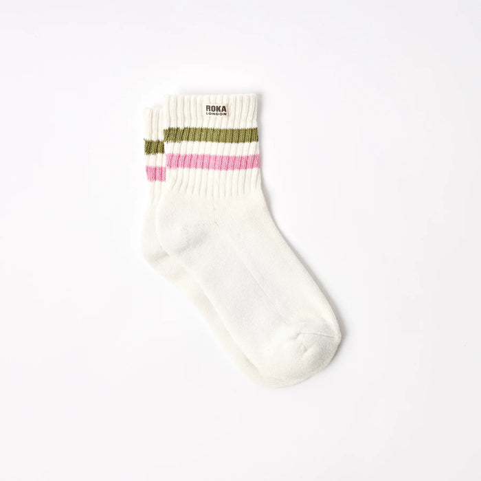 ROKA Windsor Stripe Crew Socks in Avocado/Pink Carnation