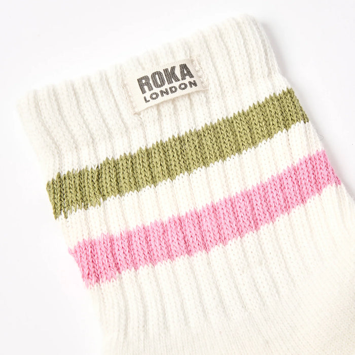 ROKA Windsor Stripe Crew Socks in Avocado/Pink Carnation