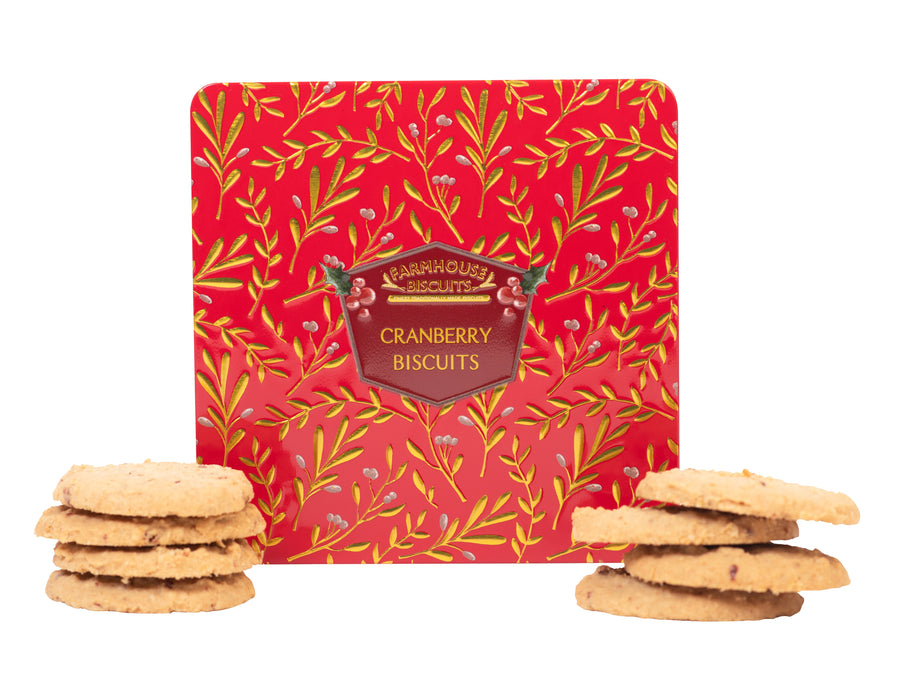 Red Holly Berry Embossed Tin Of Cranberry Biscuits 250g