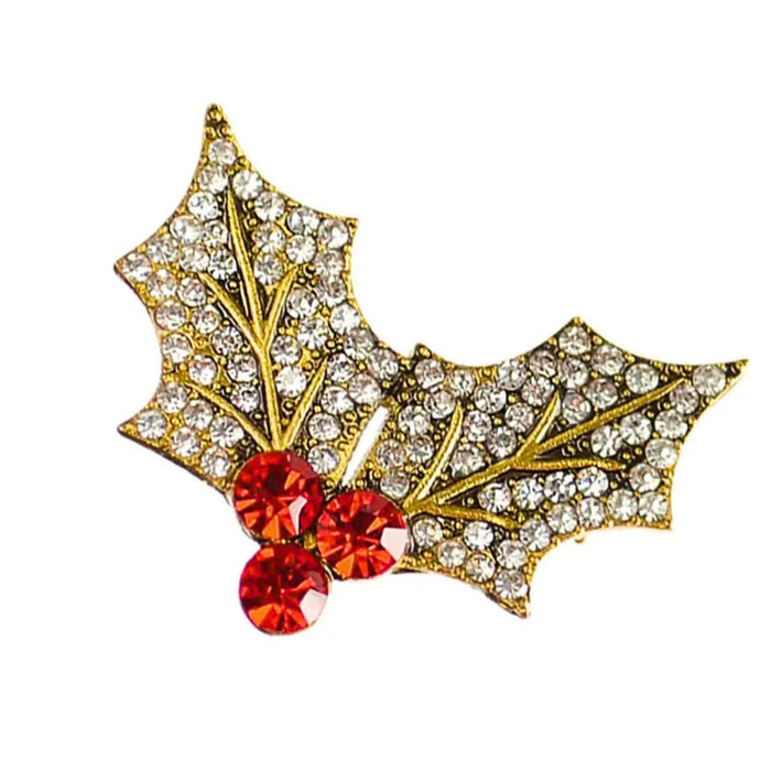 Hot Tomato Holly & Berry Coloured Crystal Gold Brooch