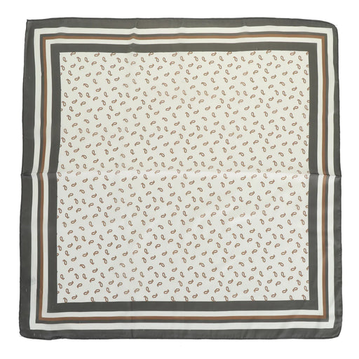 A square silk scarf with a delicate brown paisley pattern on a cream background, featuring a multi-colored border of dark gray, white, and brown.