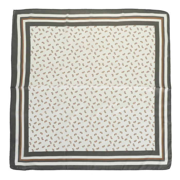A square silk scarf with a delicate brown paisley pattern on a cream background, featuring a multi-colored border of dark gray, white, and brown.