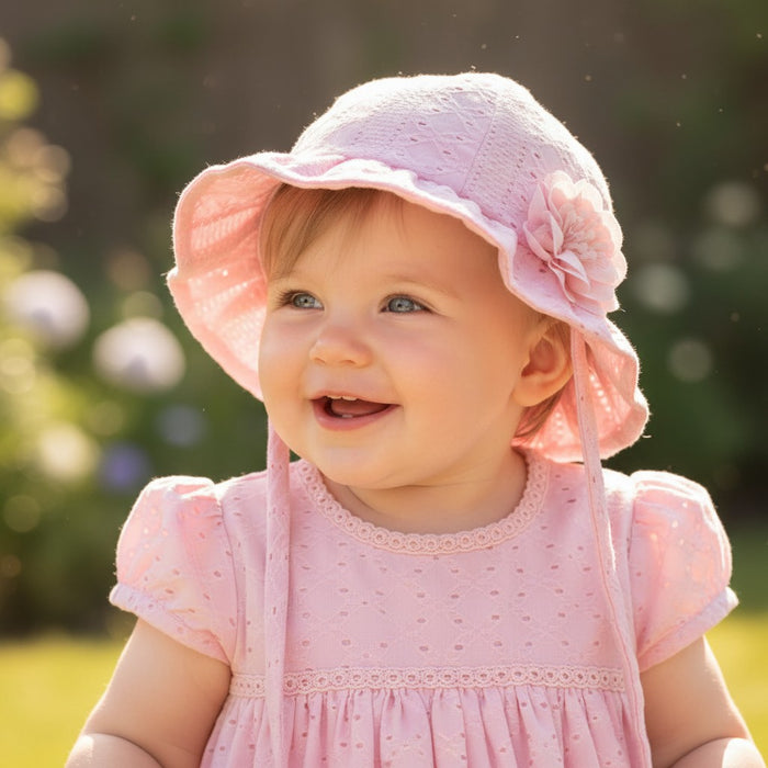 Elegance By Soft Touch Pink Broderie Anglaise Flower Hat