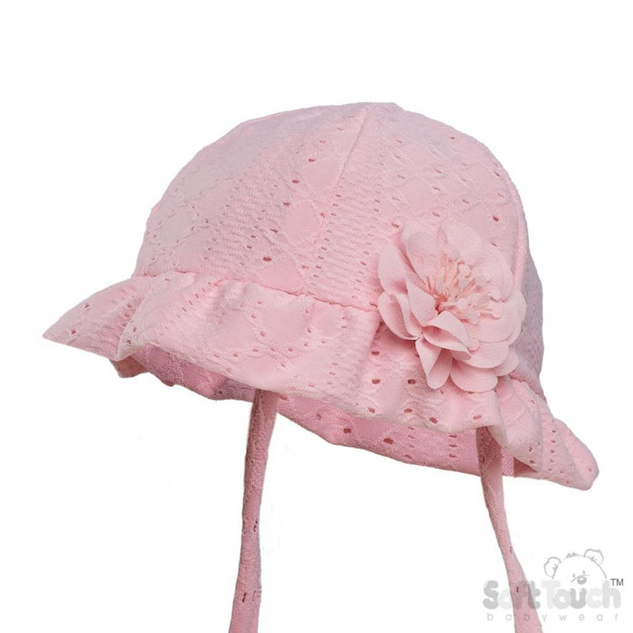 Elegance By Soft Touch Pink Broderie Anglaise Flower Hat