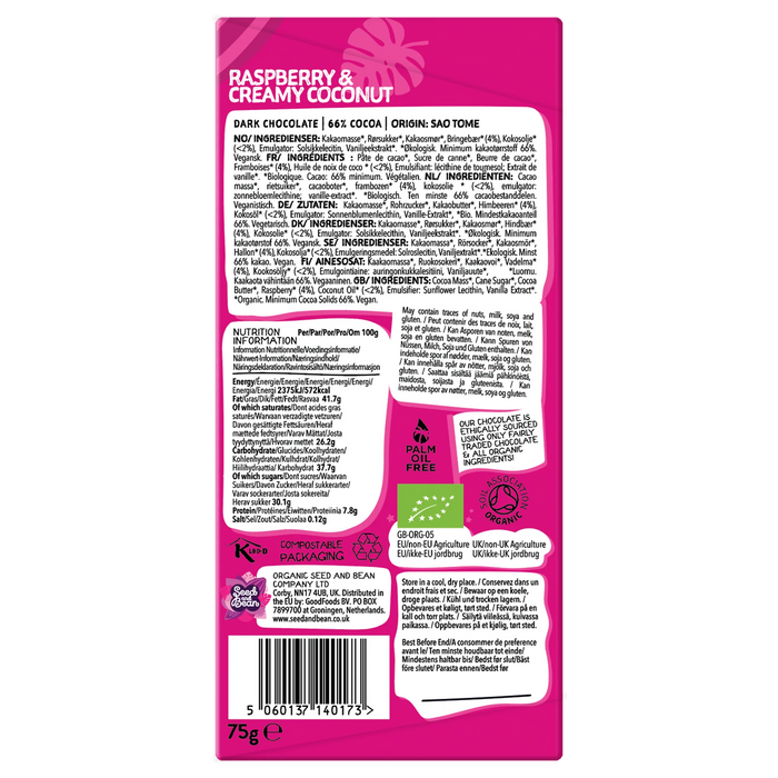 Seed & Bean Coconut & Raspberry Dark Chocolate Bar