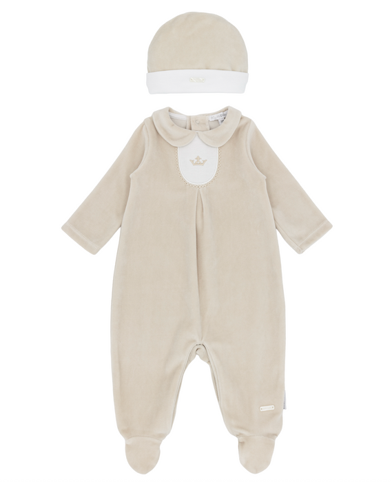 Blue Baby Beige Velour All in One With Hat