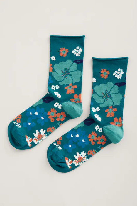 Seasalt Women's Arty Organic Cotton Socks - Floral Dark Thyme