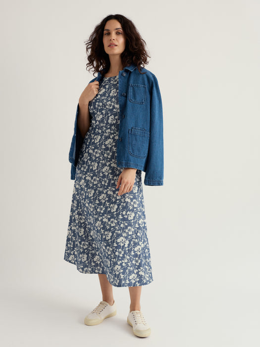 Seasalt Women's Fox Path Printed Chambray Dress In Mallow Vine Indigo