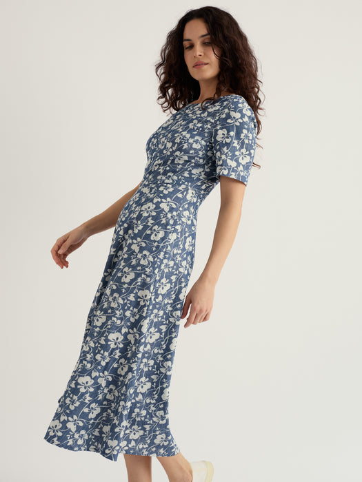 Seasalt Women's Fox Path Printed Chambray Dress In Mallow Vine Indigo