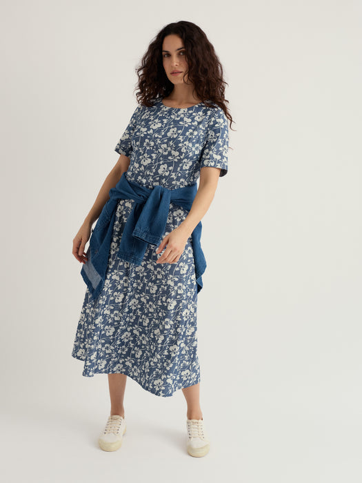 Seasalt Women's Fox Path Printed Chambray Dress In Mallow Vine Indigo