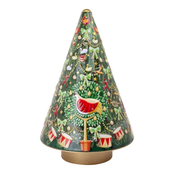 Silver Crane Co 12 Days of Christmas Tree Tin Filled with Festive Shape Spiced Biscuits