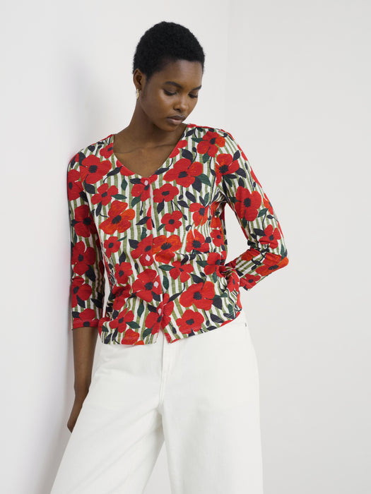 Seasalt Women's Studio Glass 3/4 Sleeve Top In Stripey Floral Moss