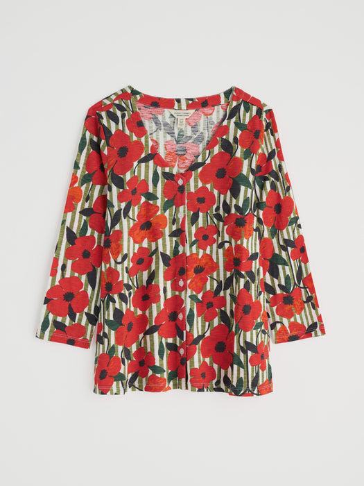 Seasalt Women's Studio Glass 3/4 Sleeve Top In Stripey Floral Moss