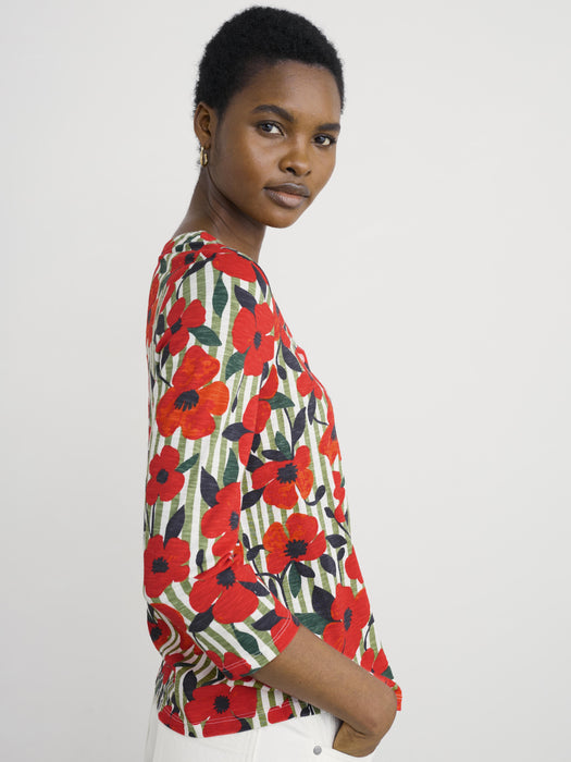 Seasalt Women's Studio Glass 3/4 Sleeve Top In Stripey Floral Moss