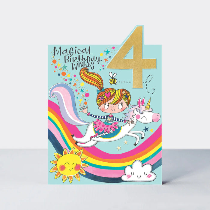 Rachel Ellen Birthday Card - Tiptoes - Age 4 - Girl On Unicorn