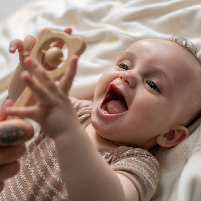 Ziggle Wooden teether And Rattle – Blue Grey