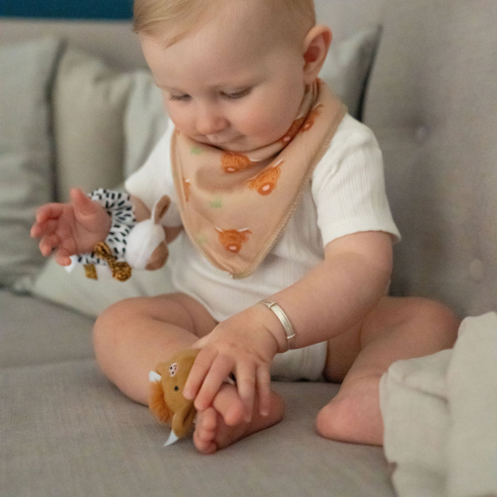 Ziggle Plush Highland Cow and Sheep Wrist Rattles