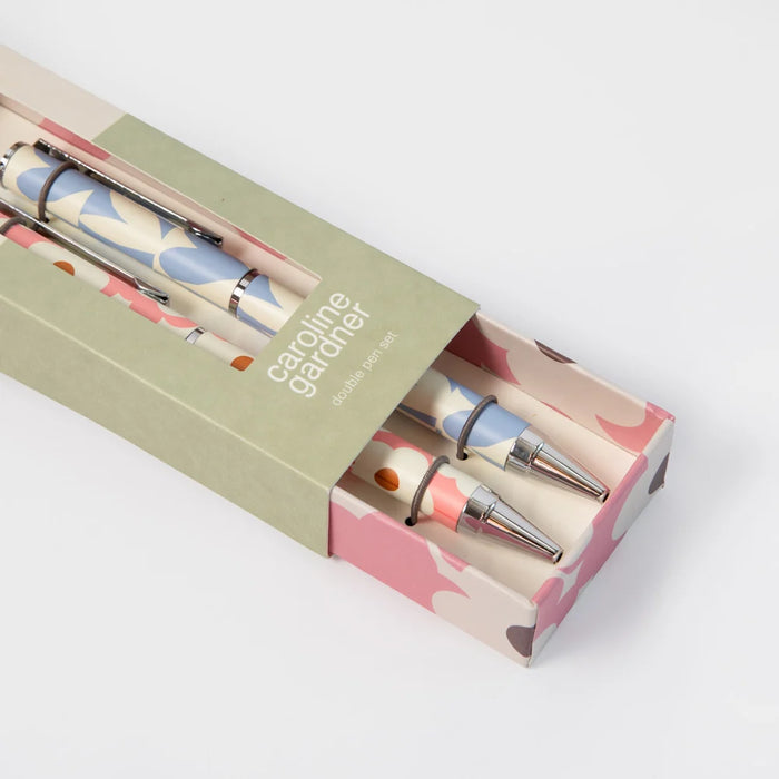 Caroline Gardner Pink Flower & Blue Hearts Set of 2 Boxed Pens