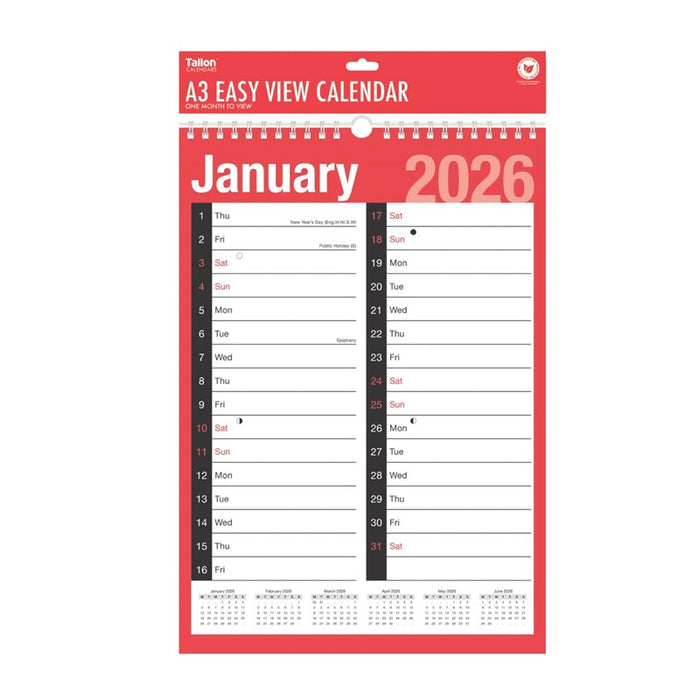 Tallon 2026 Calendar Red & Black A3 2 Column Month To View