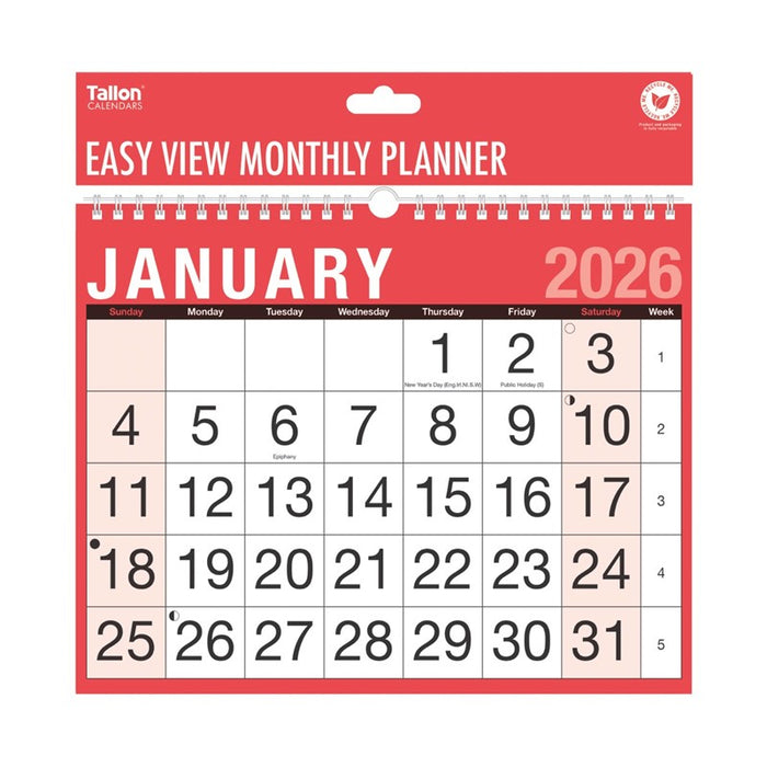 Tallon 2026 Calendar Red & Black Easy View Month To View