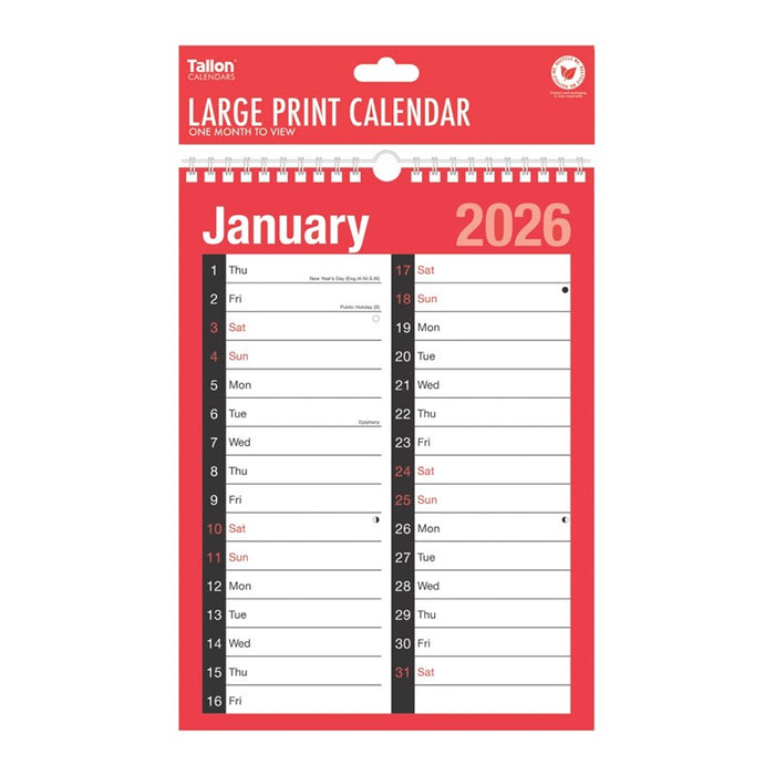 Tallon 2026 Calendar Red & Black Large Print A4 2 Column Month To View