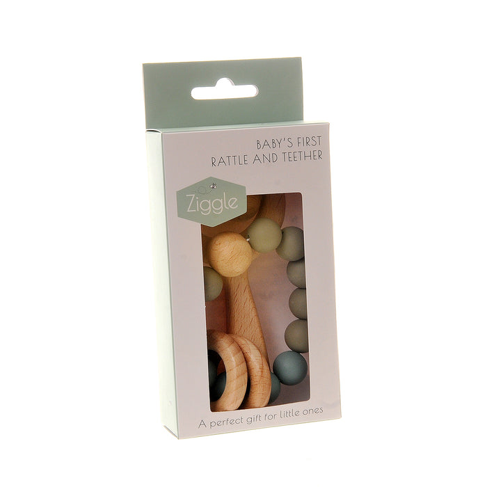 Ziggle Wooden teether And Rattle – Blue Grey