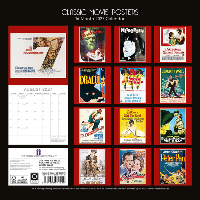 The Gifted Stationery Company 2027 Square Wall Calendar - Classic Movie Posters