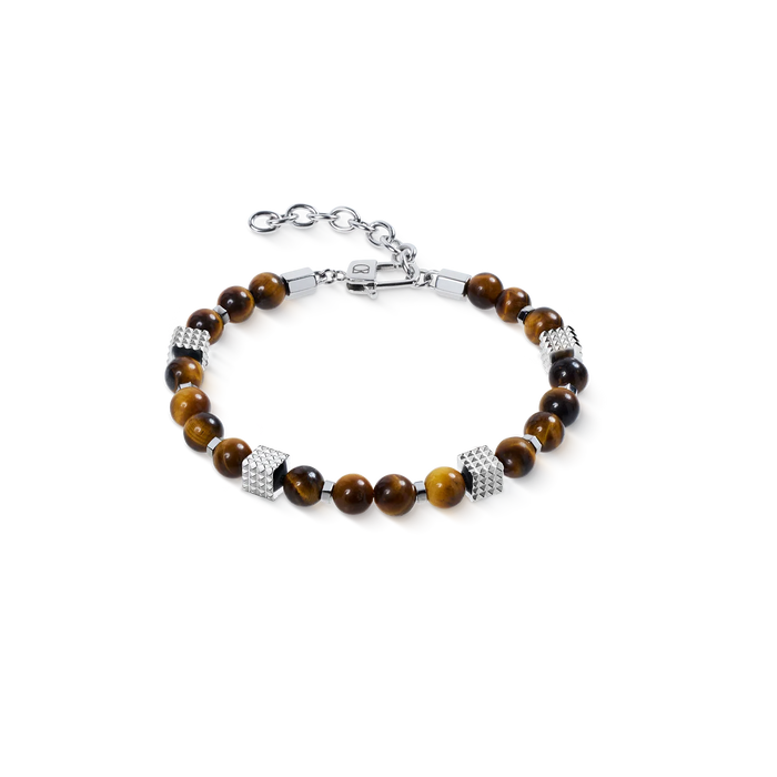 Coeur De Lion Tiger Eye Bead Bracelet with Mini Spikes Cubes in Stainless Steel