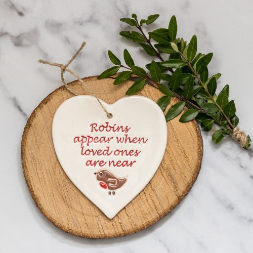 Broadlands Pottery Ceramic Hanging Heart - Robins Appear When Love Ones Are Near
