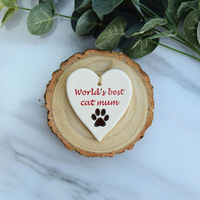 Broadlands Pottery Ceramic Hanging Heart Worlds Best Cat Mum