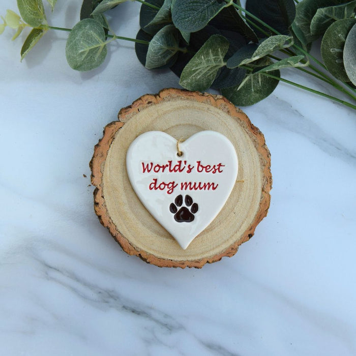 Broadlands Pottery Ceramic Hanging Heart - Worlds Best Dog Mum