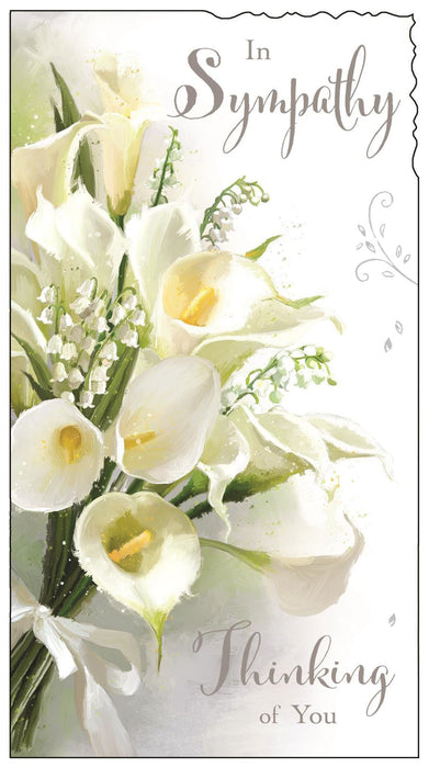 Sympathy card with white calla lilies and text 'In Sympathy, Thinking of You' on a white background.