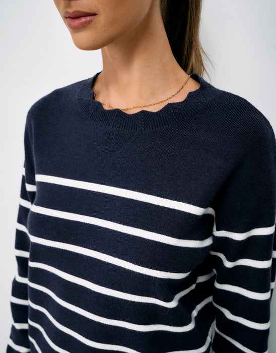 Crew Clothing Women's Scallop Edge Stripe Cross Over Back Jumper In Navy White